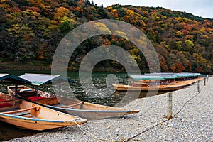 Boats on Katsura river at fall, Arashiyama