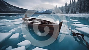 boats on the lake Horror A wooden row boat trapped in a lake of ice,