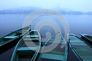 boats in the lake raining