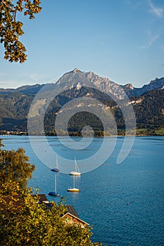 Boats on lake Wolfgangsee at Salzkammergut, Alps mountain, Austria