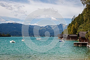 Boats on lake Wolfgangsee at Salzkammergut, European Alps mountain