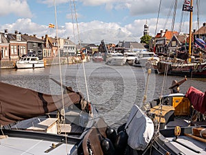 Boats in Lemmer Binnenhaven canal, Friesland, Netherlands