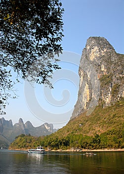 Boats on the Li River between Guilin and Yangshuo in Guangxi Province, China
