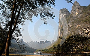 Boats on the Li River between Guilin and Yangshuo in Guangxi Province, China