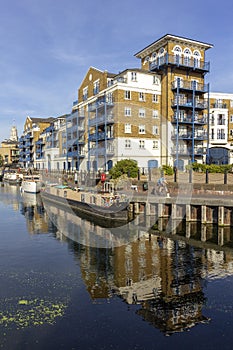 Boats at Limehouse Basin Marina, near Canary wharf riverside, London