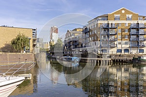 Boats at Limehouse Basin Marina, near Canary wharf riverside, London