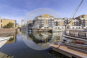 Boats at Limehouse Basin Marina, near Canary wharf riverside, London