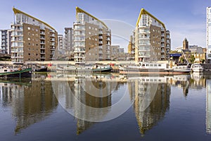 Boats at Limehouse Basin Marina, near Canary wharf riverside, London