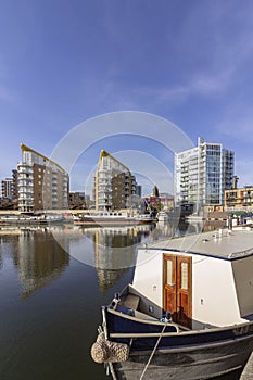 Boats at Limehouse Basin Marina, near Canary wharf riverside, London