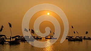 Boats lined up on the banks of Ganga river in Triveni Sangam, Prayagraj, Allahabad, India