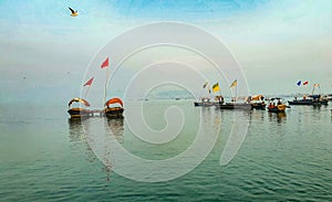 Boats lined up in Triveni Sangam, Prayagraj, Allahabad, India