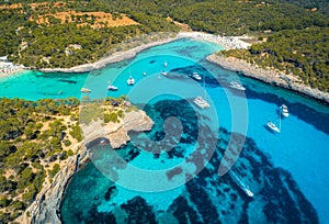 Boats and luxury yachts in transparent sea at sunny day. Aerial