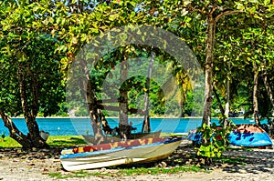 Boats lying in the sand under trees at a beach on Guadeloupe