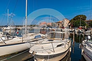 Boats in the marina of Bouzigues on the pond of Thau, in Herault, Occitanie, France