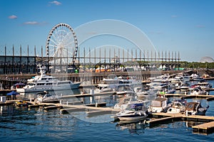 Boats in a marina in the old port of Montreal, Quebec Canada