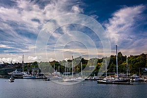 Boats in a marina in the Passagassawakeag River in Belfast