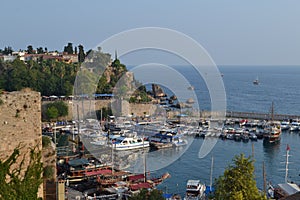 Boats in Mediterranean sea in the port Antalia photo