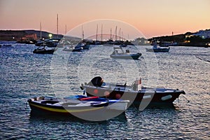 Boats Moored in Harbor, Koufonisia Greek Island, Sunset, Greece