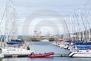 Boats moored in a harbor