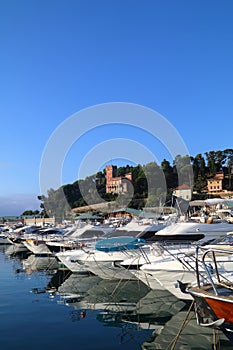 Boats moored inside the tourist port of Varazze., on the western Ligurian Riviera