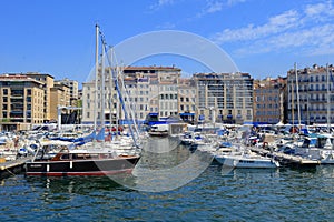 Boats moored in Marseille harbor