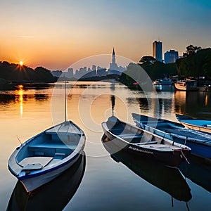 Boats moored in a tranquil body of water with the city buildings in the background. AI-generated.