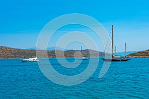 Boats mooring at Mirabello bay at Crete in Greece