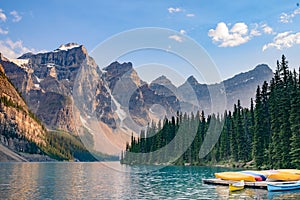 Boats in Moraine Lake near Lake Louise - Banff National Park - Canada