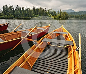 Boats on mountain lake Strbske pleso in Slovakia