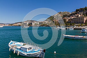 Boats, Nafplion promenade and Palamidi Fortress, Argolida, Greece
