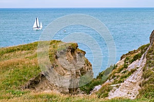 Boats near a collapsed cliff just off Cap Griz Nez