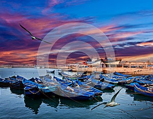 Boats on an ocean coast in Essaouira, Morocco