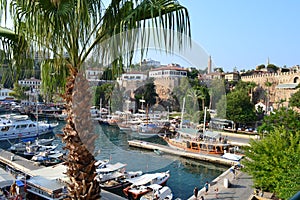 Boats, a palm and a fortress in Mediterranean sea in the port Antalia photo