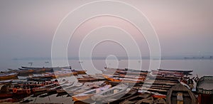 Boats parked at the bank of River Ganges