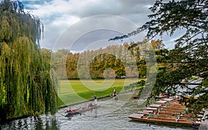 Boats parked in a row and people enjoying punting on river Cam during summer at Cambridge