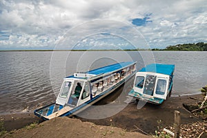 Boats parked on the shore of the canal in Tortuguero National Park
