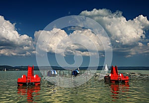 Boats and pedal boats on Lake Balaton, Hungary