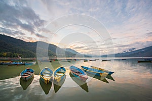 Boats on Phewa Lake in Pokhara,Nepal