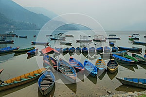 Boats in the pier of Fewa lake in Pokhara