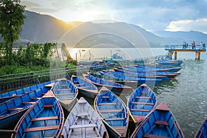 Boats at the pier, Lake Phewa, Pokhara, Nepal