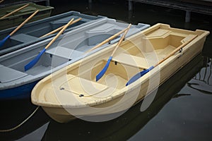 Boats at the pier. Pleasure boats for swimming on the lake. Lifeboats on the beach.