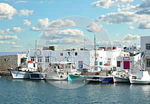 Boats at the pier with tilt effect in Paros, Greece