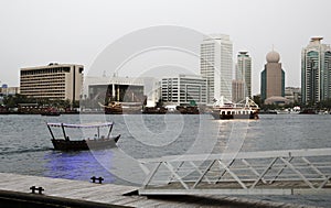 Boats for pleasure in Dubai creek, View of the Dubai creek in the evening.