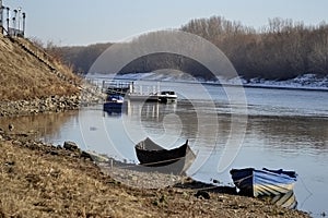 Boats and pontoons on the river Borcea