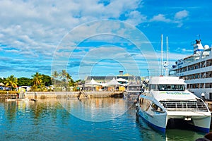 Boats in the port of Denarau, Nadi - Fiji. Copy space for text