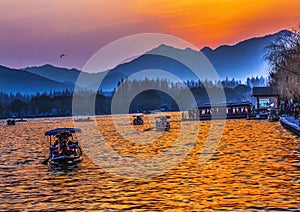 Boats Reflection Sunset West Lake Reflection Hangzhou Zhejiang China