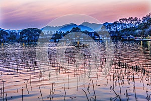 Boats Reflection Sunset West Lake Reflection Hangzhou Zhejiang China