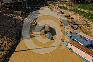 Boats on the river in Floating Village on the river in Cambodia, Pean Bang, Tonle Sap Lake