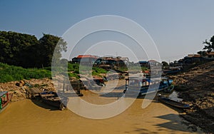 Boats on the river in Floating Village on the river in Cambodia, Pean Bang, Tonle Sap Lake