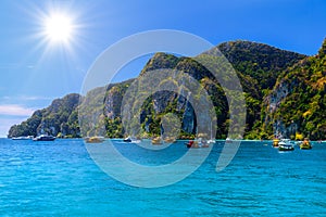 Boats and rocks, Phi Phi Don island, Andaman sea, Krabi, Thailan